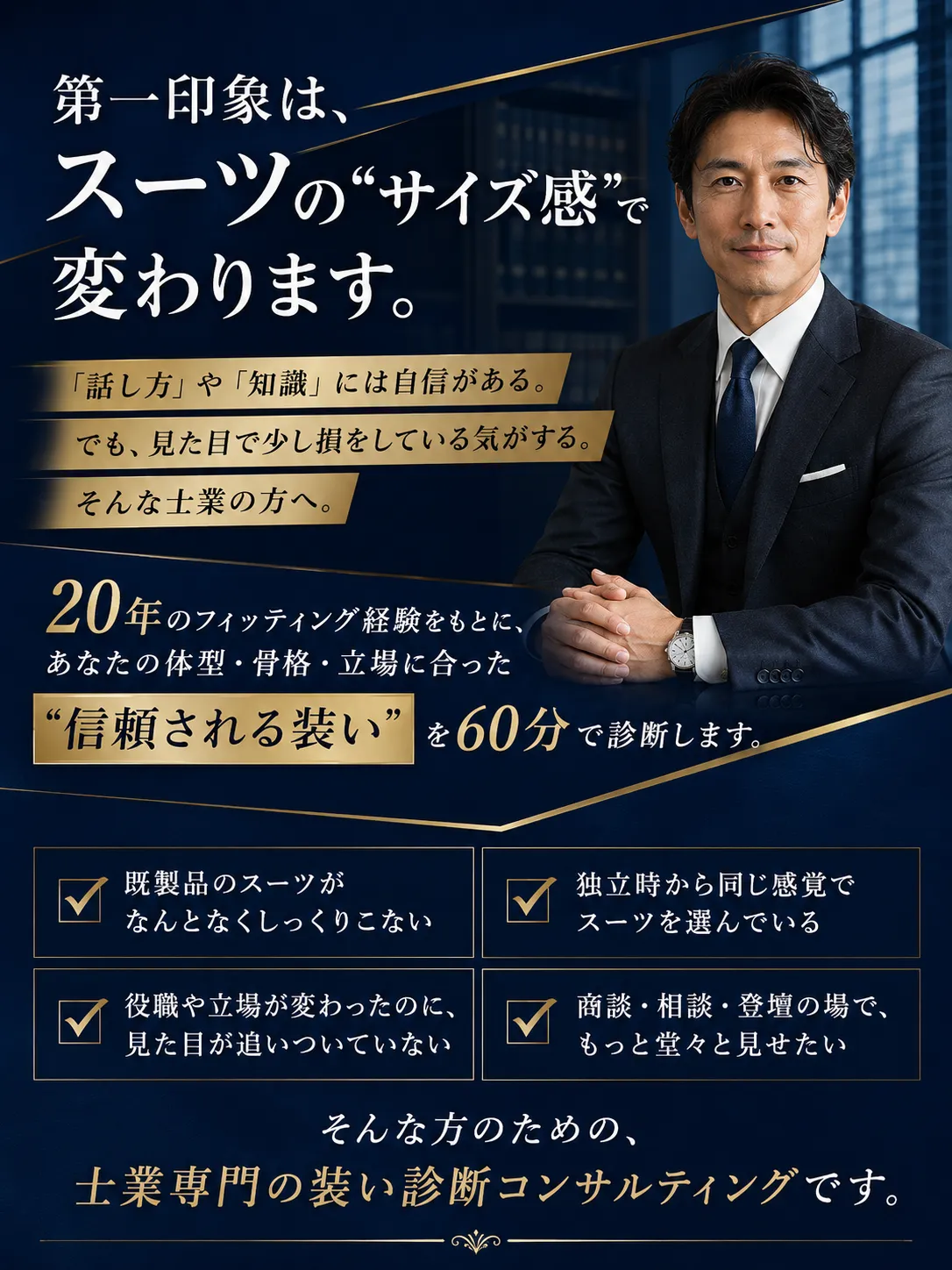 士業専門の装い診断コンサルティング。60分で信頼されるスーツのサイズ感を診断します